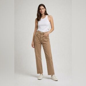 Re/Done Jeans Tan High Waist Tapered Leg Cotton Blend Raw Hem Size 27 Euc